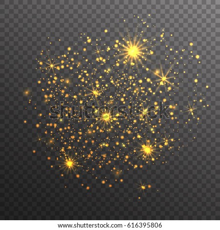 Gold glitter sparkles on transparent background. Vector golden dust texture. Twinkling confetti, shimmering star lights. Vector illustration.