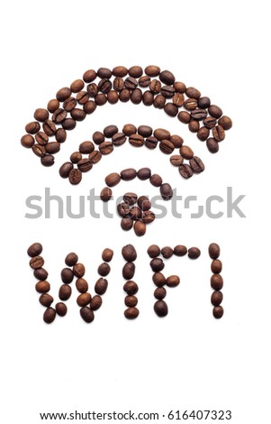wifi sign made of coffee beans over white background.