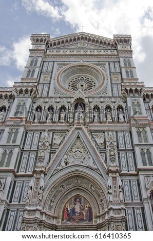 Florence, Italy is known as the birthplace of the Renaissance. Pictured here is the exterior of il Duomo de Firenze, with polychrome panels of green, pink and white marble finished by Brunelleschi.