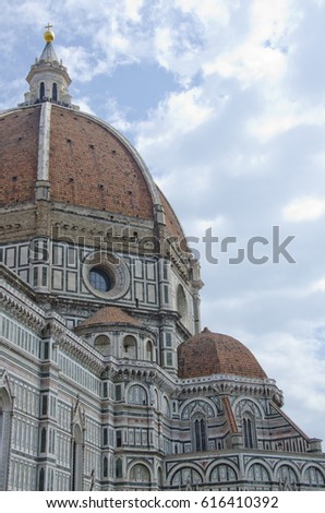 Florence, Italy is known as the birthplace of the Renaissance. Pictured here is the exterior of il Duomo de Firenze, with polychrome panels of green, pink and white marble finished by Brunelleschi.