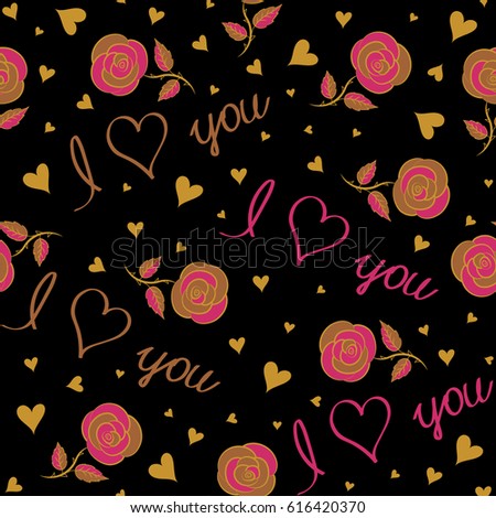 Seamless pattern wedding invitation, poster or home decor, art on a black backdrop. Vector seamless Handwritten lettering quote about love to Valentines day design in brown, yellow and magenta colors.