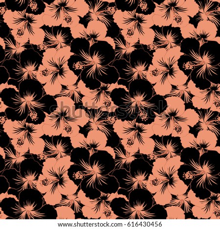 Seamless floral pattern with orange and black hibiscus flowers, watercolor. Flower illustration. Seamless pattern with floral motif.
