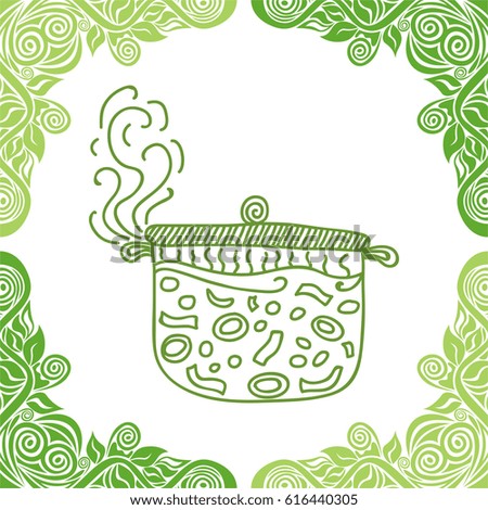 Pan with soup. Vector illustration.