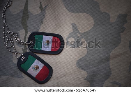 army blank, dog tag with flag of mexico on the khaki texture background. military concept