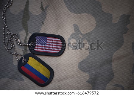 army blank, dog tag with flag of united states of america and colombia on the khaki texture background. military concept