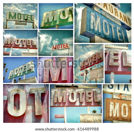 Aged and worn vintage photo collection of dilapidated neon motel signs