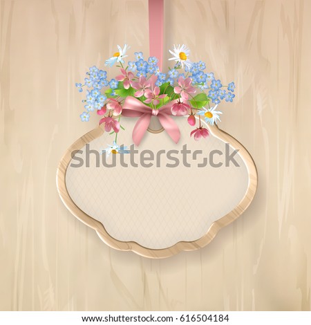 Vector holiday illustration of floral signboard with a variety of wildflowers, holiday wooden frame