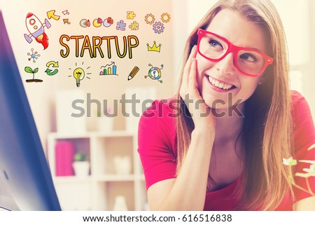 Startup text with young woman in her home office
