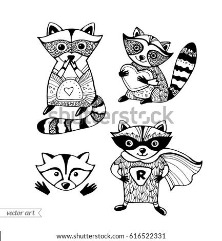 Raccoons isolated. Cute cartoon animal. Funny character. Vector. Black and white. Coloring book pages for adult, kids. Zentangle artwork. Illustration, gift card, branding, logo, label, emblem
