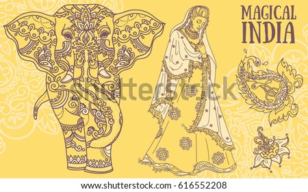 Set of vector illustrations for travel to india: beautiful woman in traditional saree, elephant with mehendi ornament, paisley