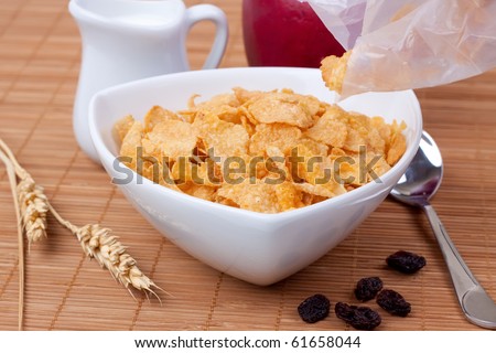 Bowl with cereal, milk and one apple on tablecloth