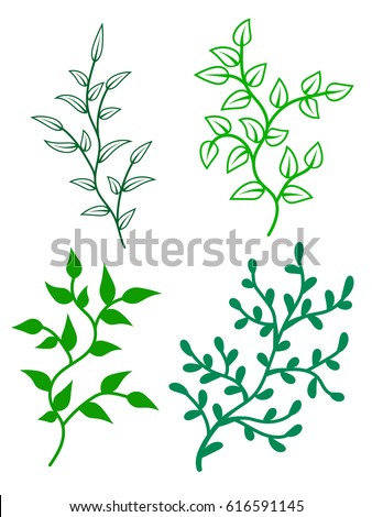 Collection with silhouette of stylized branch. Green twig with leaves. Laser cut template. Vector illustration isolated on transparent background.