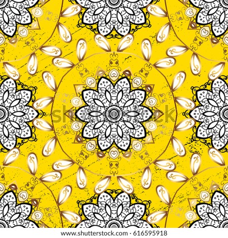 Golden pattern on yellow background with golden elements. Backdrop, fabric, gold wallpaper. Vector golden pattern. Flat hand drawn vintage collection.