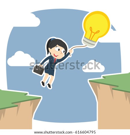 businesswoman use her balloon idea to cross over cliff