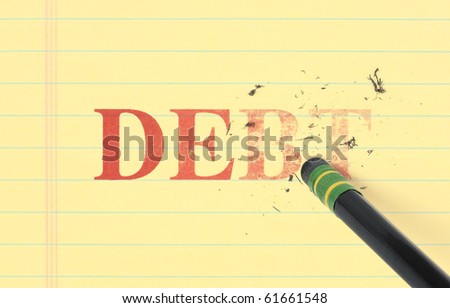 Close up of a black pencil erasing the word, 'debt' printed in red on yellow ledger paper. Royalty-Free Stock Photo #61661548