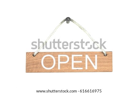 Wooden sign hanging on rope showing Open