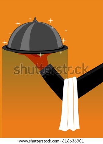 Vector Illustration of Hand with Table Napkin in the Arms while holding a Restaurant Cloche