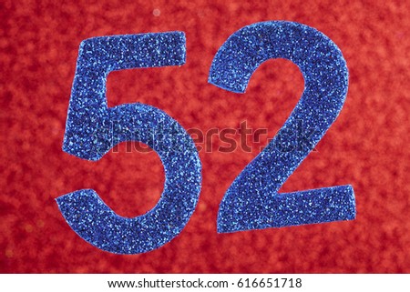 Number fifty-two blue over a red background. Anniversary. Horizontal