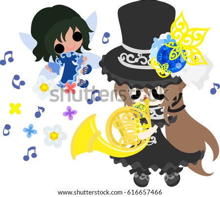A black silk hat girl playing a horn, and a cute fairy