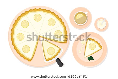 Illustration vector of lemon tart set with cup of lemon tea isolated on table white background.