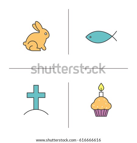 Easter color icons set. Cross on hill, Easter bunny, cake with candle, fish. Isolated vector illustrations