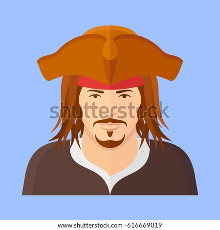Pirate flat icon on blue background. Male character vector illustration.