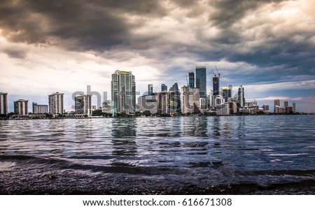 Miami Downtown skyline shot from Venetian Causeway shortly before sunset