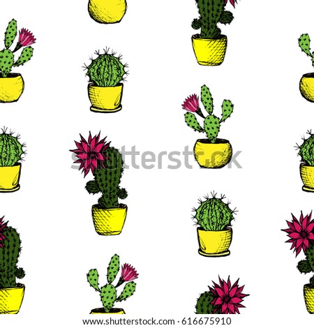 Cactuses - color seamless pattern with 3 types of cactuses
