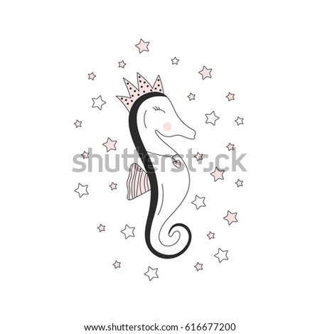 Seahorse princess, doodle nursery art, print for baby