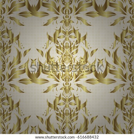 Pattern with golden elements on a beige background. Can be used for luxury greeting rich card. Vector gold ornament on a beige background. Vintage seamless texture.