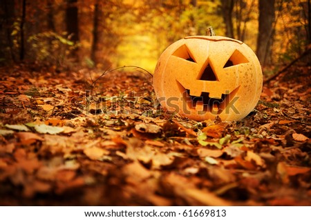 Halloween scary pumpkin in autumn forest
