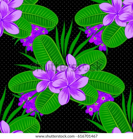 Abstract elegance vector seamless pattern with plumeria flowers on a black background.