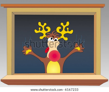 Santa Claus helper - reindeer Rudolph crashed on the window - funny chistmas time vector