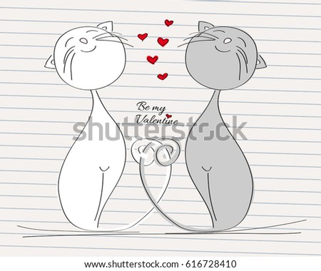 Two cats in love - grey and white cat with their tails twisted - original hand drawn Valentine card