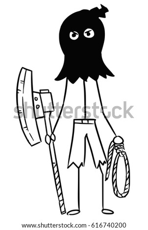 Cartoon vector stick man male executioner hangman in black hood posing with large axe and rope