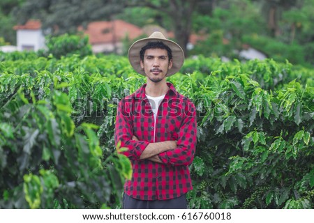 Farmer with hat, smiling in cultivated coffee field plantation. Concept Image. Royalty-Free Stock Photo #616760018