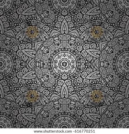 Vector oriental ornament. Golden pattern with white doodles on gray background with golden elements. Seamless golden pattern.