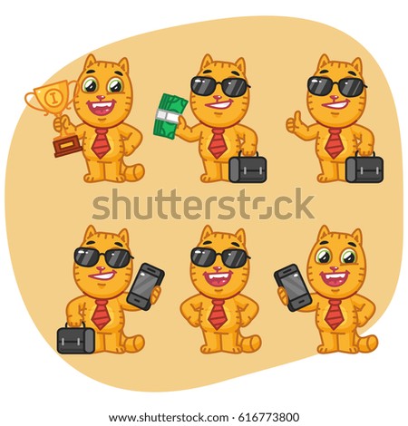 Set Cat Character Businessman Holding Money Cup Suitcase Phone. Vector Illustration. Mascot Character.