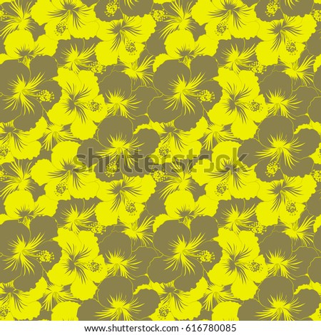Vector hibiscus flowers and buds retro seamless pattern illustration in neutral and yellow colors.