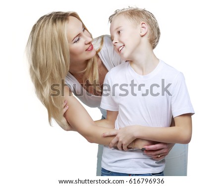 happy smiling mother and son, isolated against white background