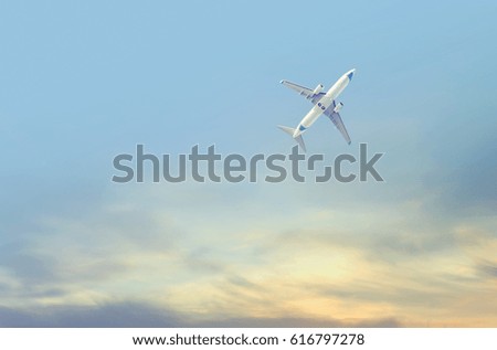 Airplane in the sky in the evening, picture with place for text
