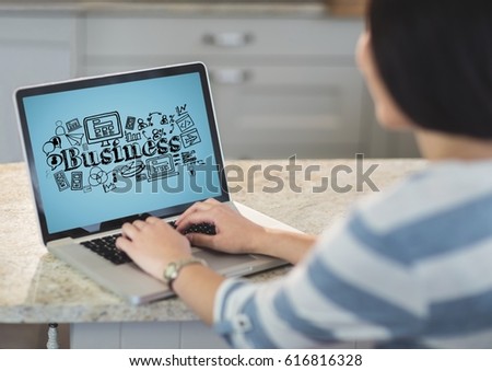 Digital composite of Woman with laptop showing black business doodles against blue background