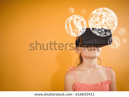 Digital composite of Girl wearing VR Virtual Reality Headset with Interface Orbs