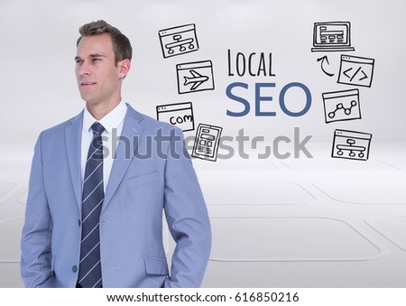 Digital composite of Businessman and Local SEO text with drawings graphics