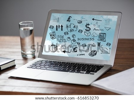 Digital composite of Laptop on desk showing black business doodles and sky