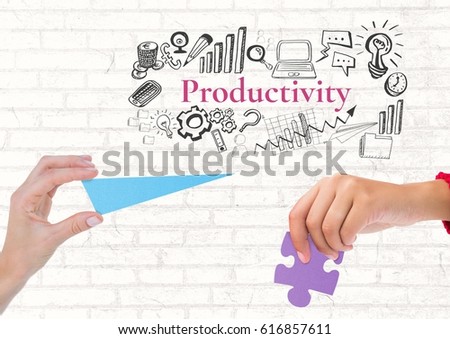 Digital composite of Hands with shapes and Productivity text with drawings graphics