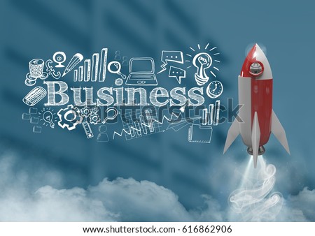 Digital composite of 3D Rocket flying over buildings and Business text with drawings graphics