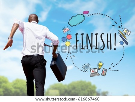 Digital composite of Businessman running with briefcase and Finish text with drawings graphics