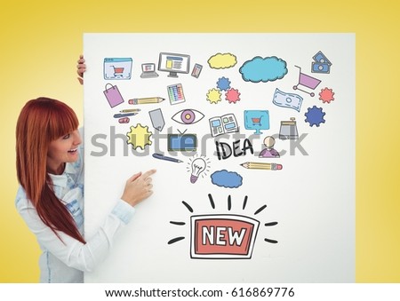 Digital composite of Woman holding card with creative design graphics drawings