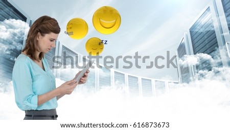 Digital composite of Woman with tablet and emojis against sky and servers